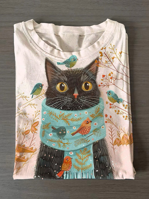 Unisex Cute Cat Art Illustration Print Casual Cotton Round Neck T-Shirt