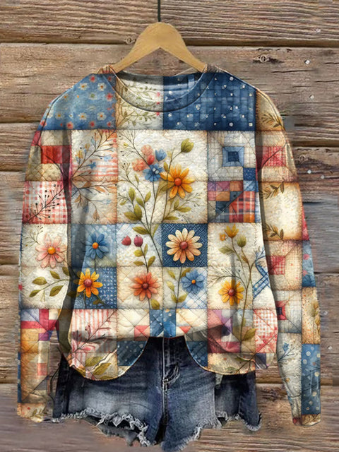 Women's Autumn Floral Collage Art Illustration Print Casual Round Neck Sweatshirt