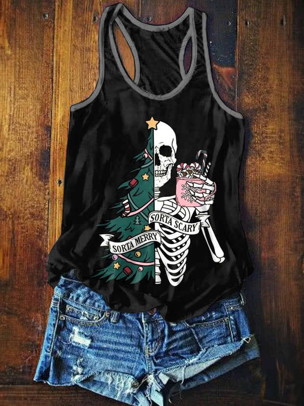 Womens Funny Skull Art Illustration Printed Casual Cotton Tank Top