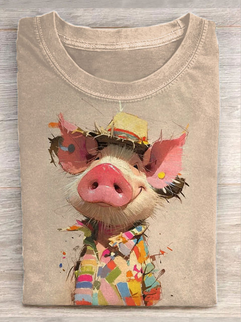 Unisex Cute Pig Art Illustration Print Casual Cotton Round Neck T-shirt