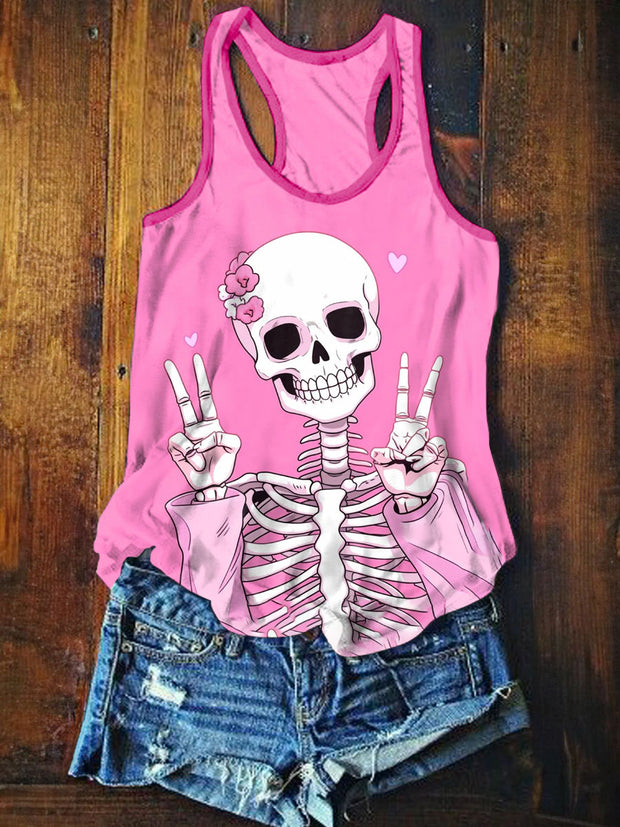 Women's Cute Skull Art Illustration Printed Casual Cotton Tank Top