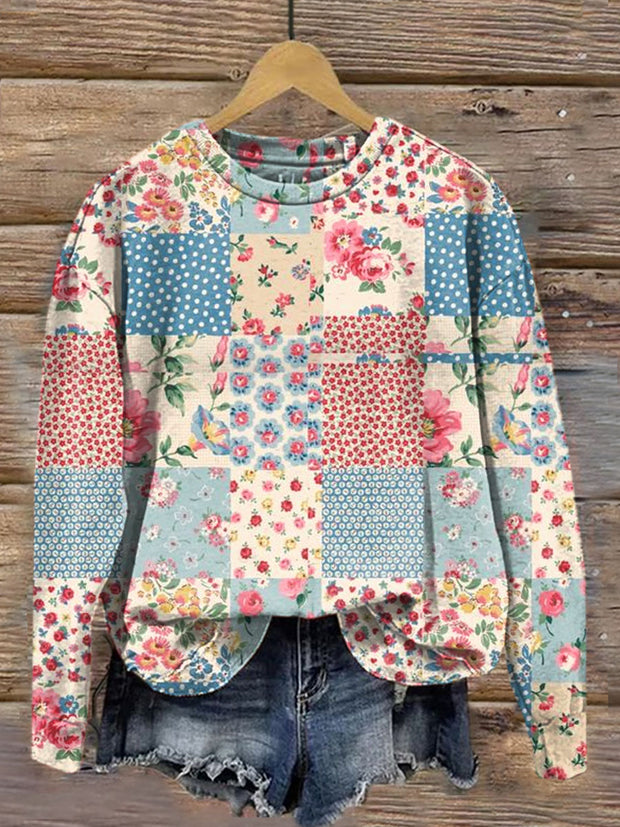 Women's Floral Collage Art Illustration Print Casual Round Neck Sweatshirt