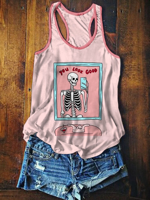 Women's Cute Skull Art Illustration Printed Casual Cotton Tank Top