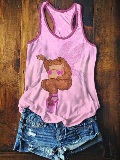 Womens Funny Frog Art Illustration Printed Casual Cotton Tank Top