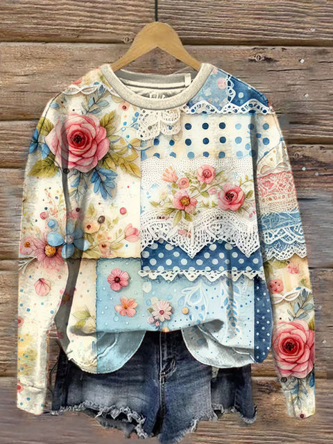 Women's Autumn Floral Collage Art Illustration Print Casual Round Neck Sweatshirt