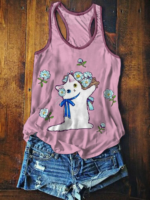 Women's Cute Cat Art Illustration Printed Casual Cotton Tank Top