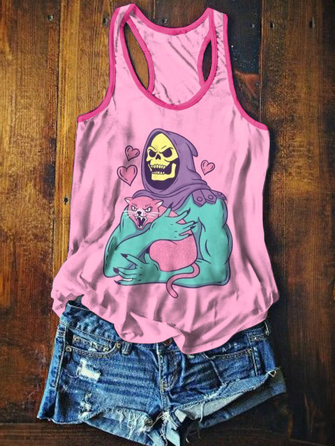 Women's Cute Skull Art Illustration Printed Casual Cotton Tank Top