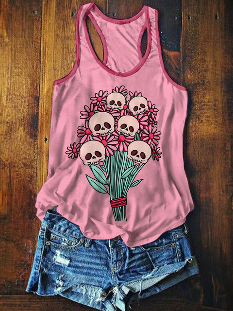 Women's Cute Skull Flowers Art Illustration Printed Casual Cotton Tank Top