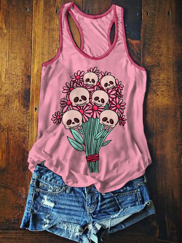 Women's Cute Skull Flowers Art Illustration Printed Casual Cotton Tank Top