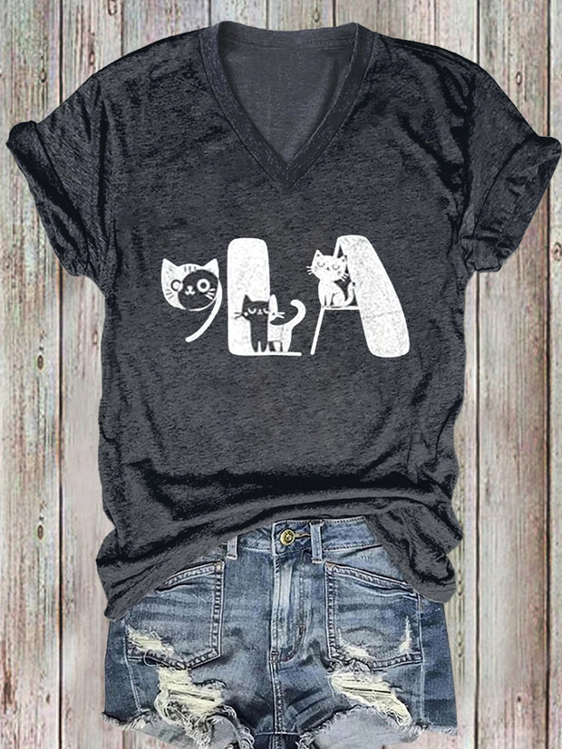 Women's Funny Cat Comma Camara Printed Cotton T-Shirt