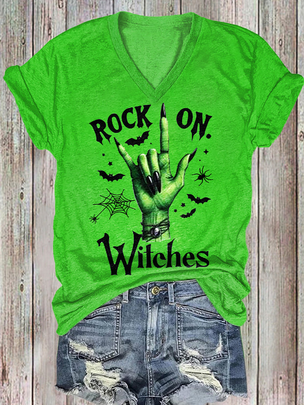 Women's Witch Hat Halloween Art Illustration Printed Cotton T-shirt