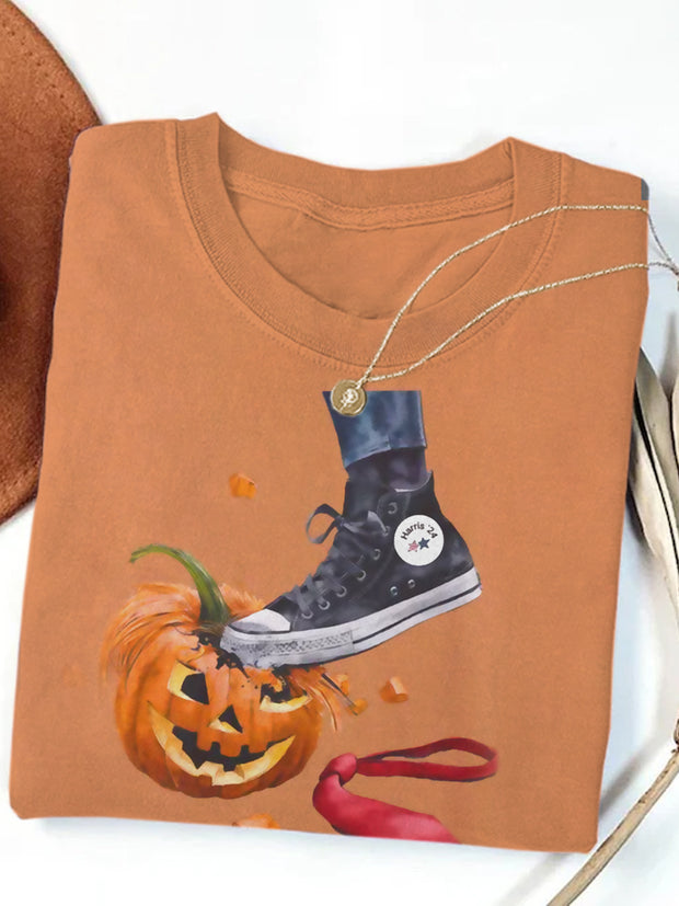 Unisex Funny Halloween Sneaker Smashing Pumpkin Printed Cotton Short Sleeve T-Shirt