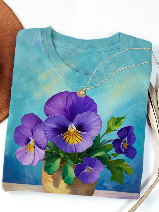 Women's Alzheimer's Purple Floral Print Casual Cotton Short Sleeve T-Shirt