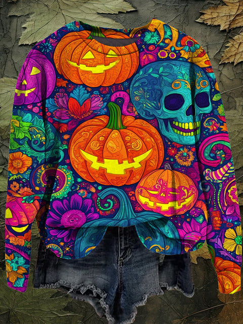 Colorful Pumpkin Lantern Halloween Art Print Unisex Crew Neck Long Sleeve Sweatshirt