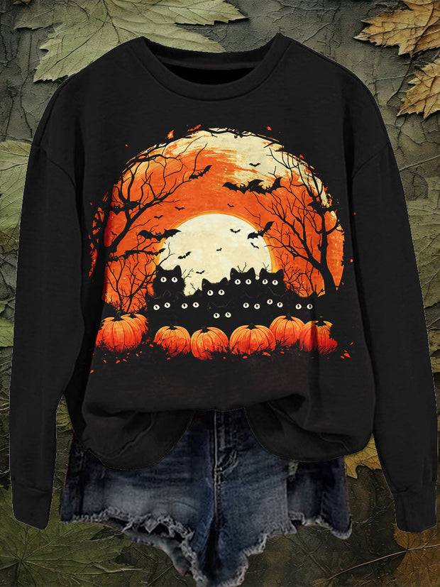 Black Cat Halloween Art Print Unisex Crew Neck Long Sleeve Sweatshirt