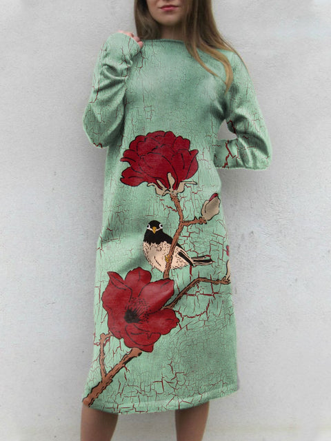 Women's Vintage Floral Art Print Casual Crew Neck Sweater Dress