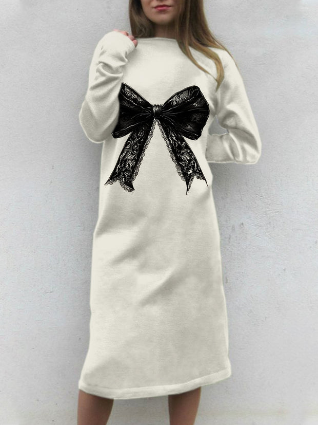 Women's Halloween Bow Print Casual Round Neck Sweater Dress