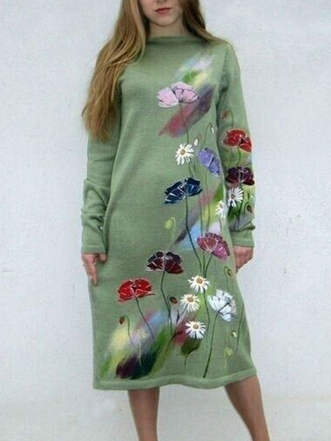 Women's Vintage Floral Art Print Casual Crew Neck Sweater Dress