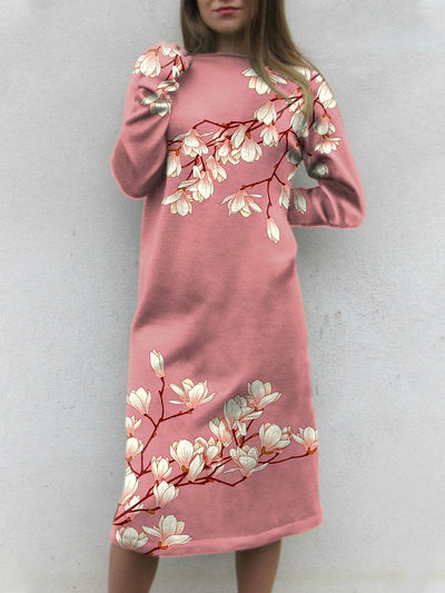 Women's Vintage Floral Art Print Casual Crew Neck Sweater Dress