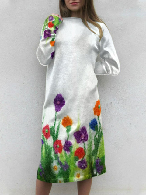 Women's Vintage Floral Art Print Casual Crew Neck Sweater Dress