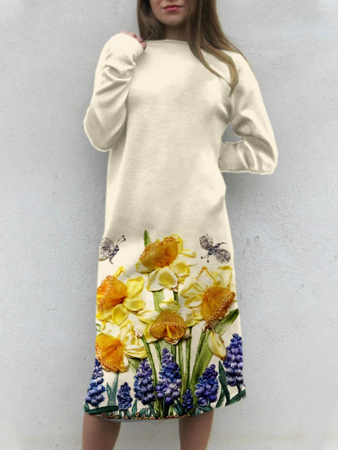 Women's Vintage Floral Art Print Casual Crew Neck Sweater Dress