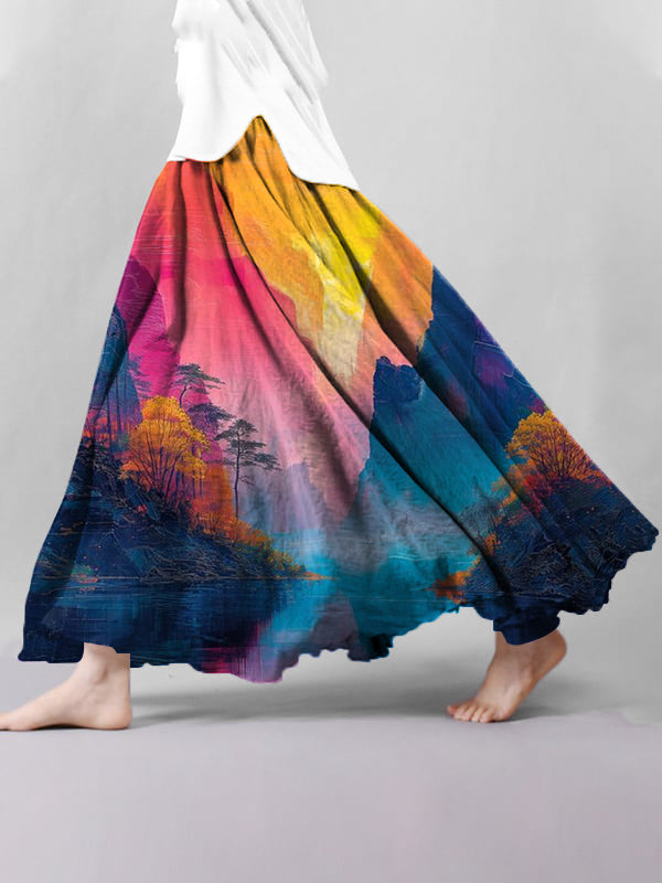 Women's Colorful Landscape Painting Printed Skirt