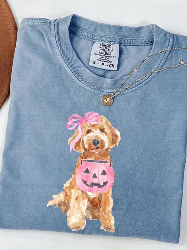 Unisex Halloween Cute Dog Print Casual Cotton Short Sleeve T-Shirt