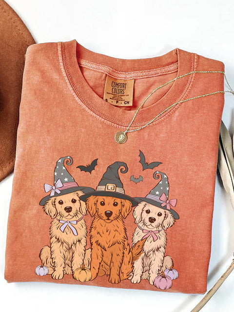 Unisex Halloween Cute Dog Print Casual Cotton Short Sleeve T-Shirt