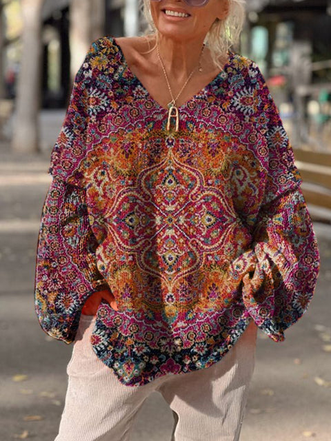 Women's Retro Ethnic Floral Pattern Printed Casual Loose Sweater