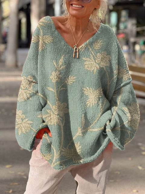 Women's Vintage Floral Print Casual Loose Sweater