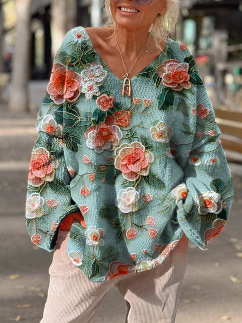 Women's Vintage Floral Print Casual Loose Sweater