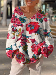 Women's Vintage Floral Print Casual Loose Sweater