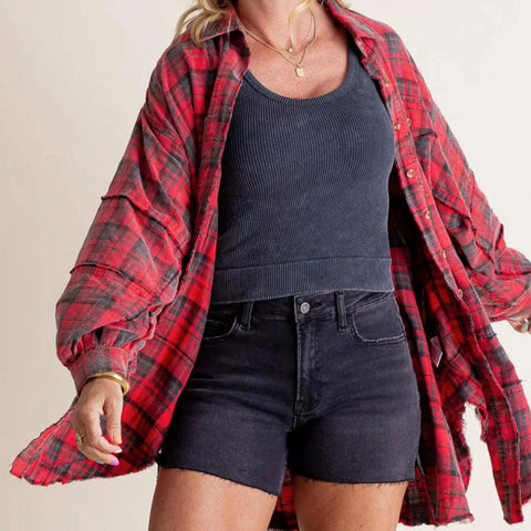 49%OFF🔥Women's Seams Raw Edge Washed Oversized Shirt Jacket with Pockets（BUY 2 FREE SHIPPING）