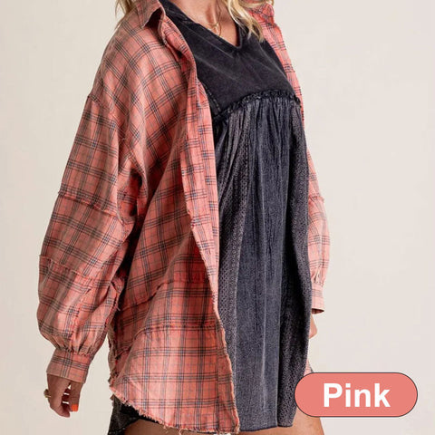 49%OFF🔥Women's Seams Raw Edge Washed Oversized Shirt Jacket with Pockets（BUY 2 FREE SHIPPING）