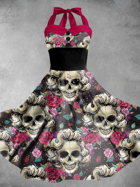 Women's Halloween Skull Print Elegant Sling Dress