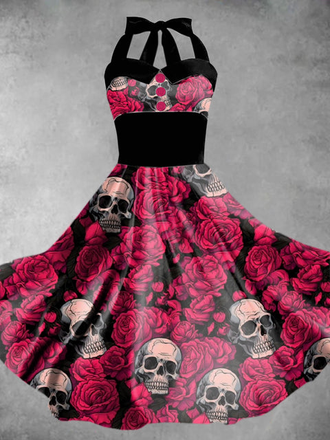 Women's Punk Floral Skull Print Elegant Sling Dress