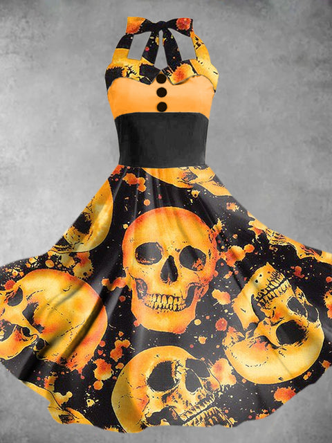 Women's Halloween Skull Print Elegant Sling Dress