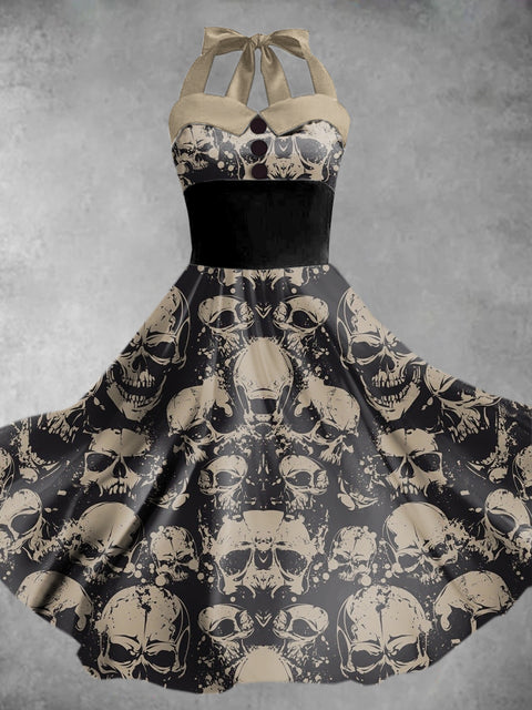 Women's Halloween Skull Print Elegant Sling Dress