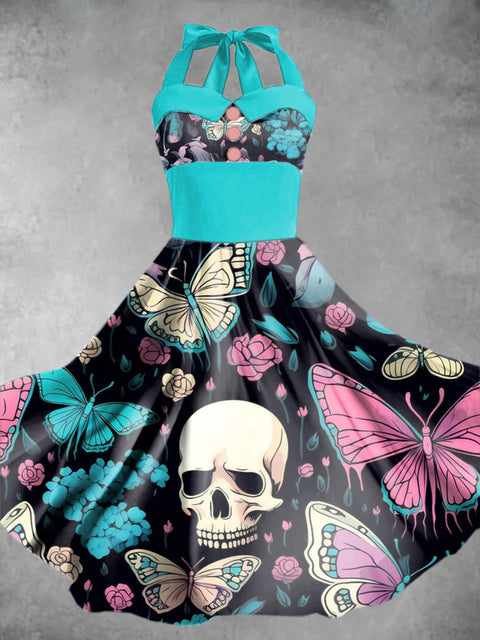 Women's Halloween Skull Print Elegant Sling Dress