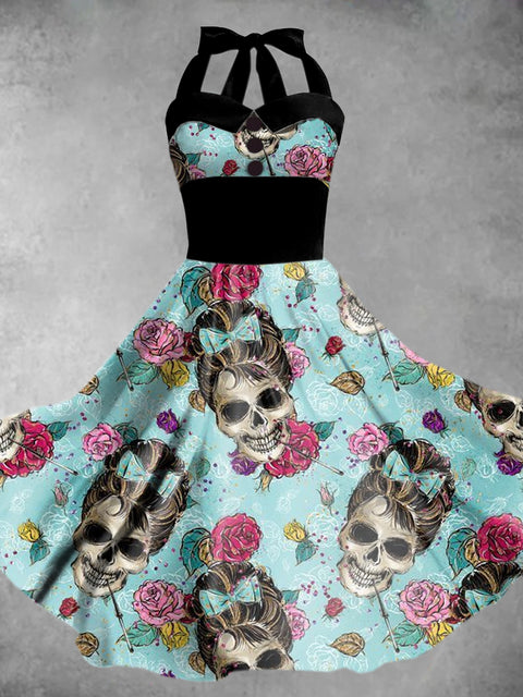 Women's Halloween Skull Print Elegant Sling Dress