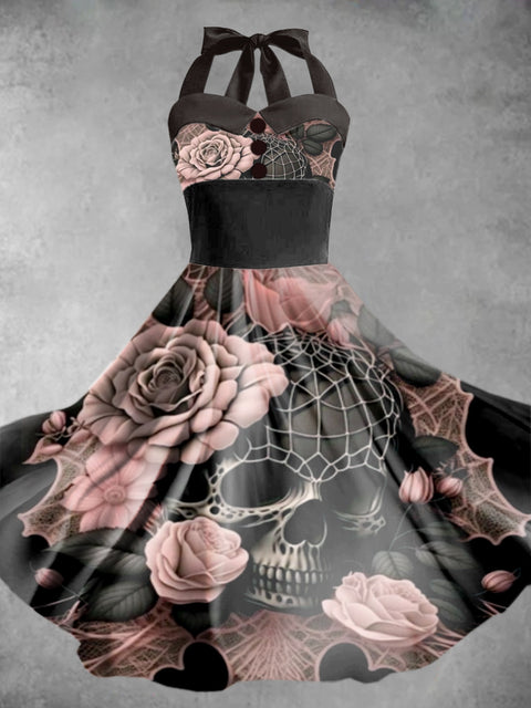 Women's Vintage Halloween Skull Print Elegant Dress