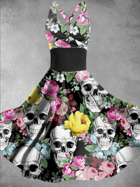 Women's Halloween Floral Skull Print Casual Elegant Suspender Dress