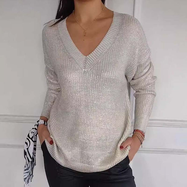 💃Women's Casual V-Neck Metallic Sheen Knit Sweater