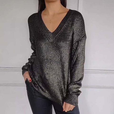 💃Women's Casual V-Neck Metallic Sheen Knit Sweater