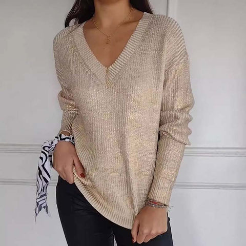 💃Women's Casual V-Neck Metallic Sheen Knit Sweater