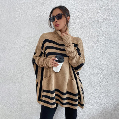 Women's Batwing Sleeve Knitted Striped Turtleneck Sweater