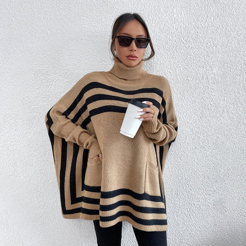 Women's Batwing Sleeve Knitted Striped Turtleneck Sweater