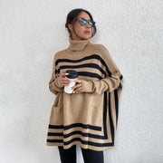 Women's Batwing Sleeve Knitted Striped Turtleneck Sweater