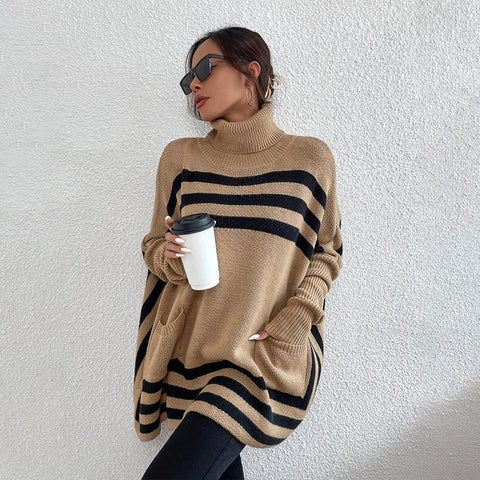 Women's Batwing Sleeve Knitted Striped Turtleneck Sweater