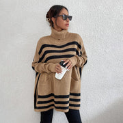 Women's Batwing Sleeve Knitted Striped Turtleneck Sweater